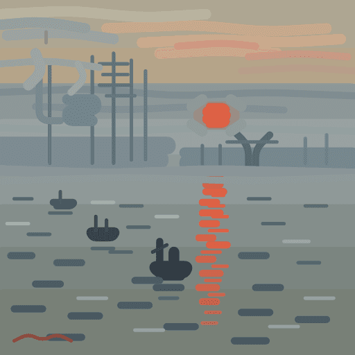 The reference run's finished canvas: muted haze, broken reflection, signature